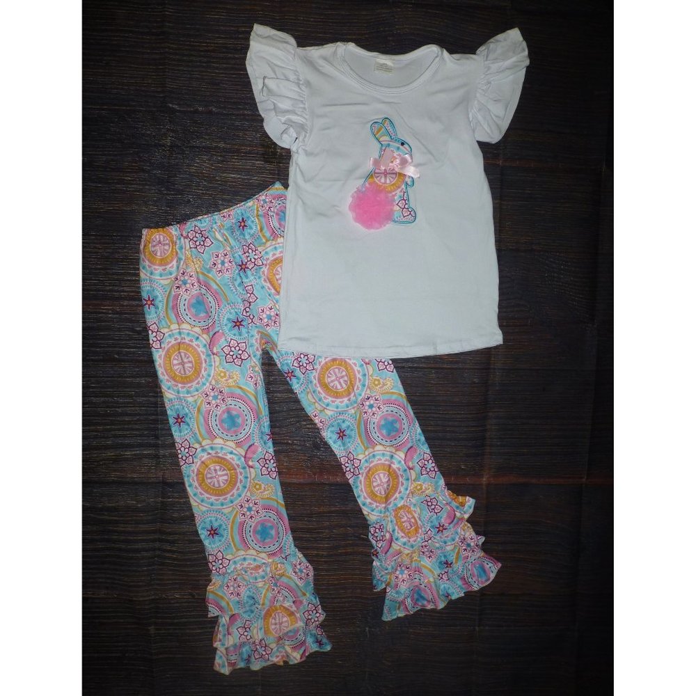Boutique Easter Bunny Rabbit Shirt & Ruffle Leggings Girls Outfit Set